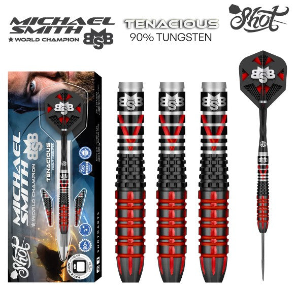 Shot - Michael Smith - Steel Tip Darts - 90% Tungsten - Tenacious - Front Weighted